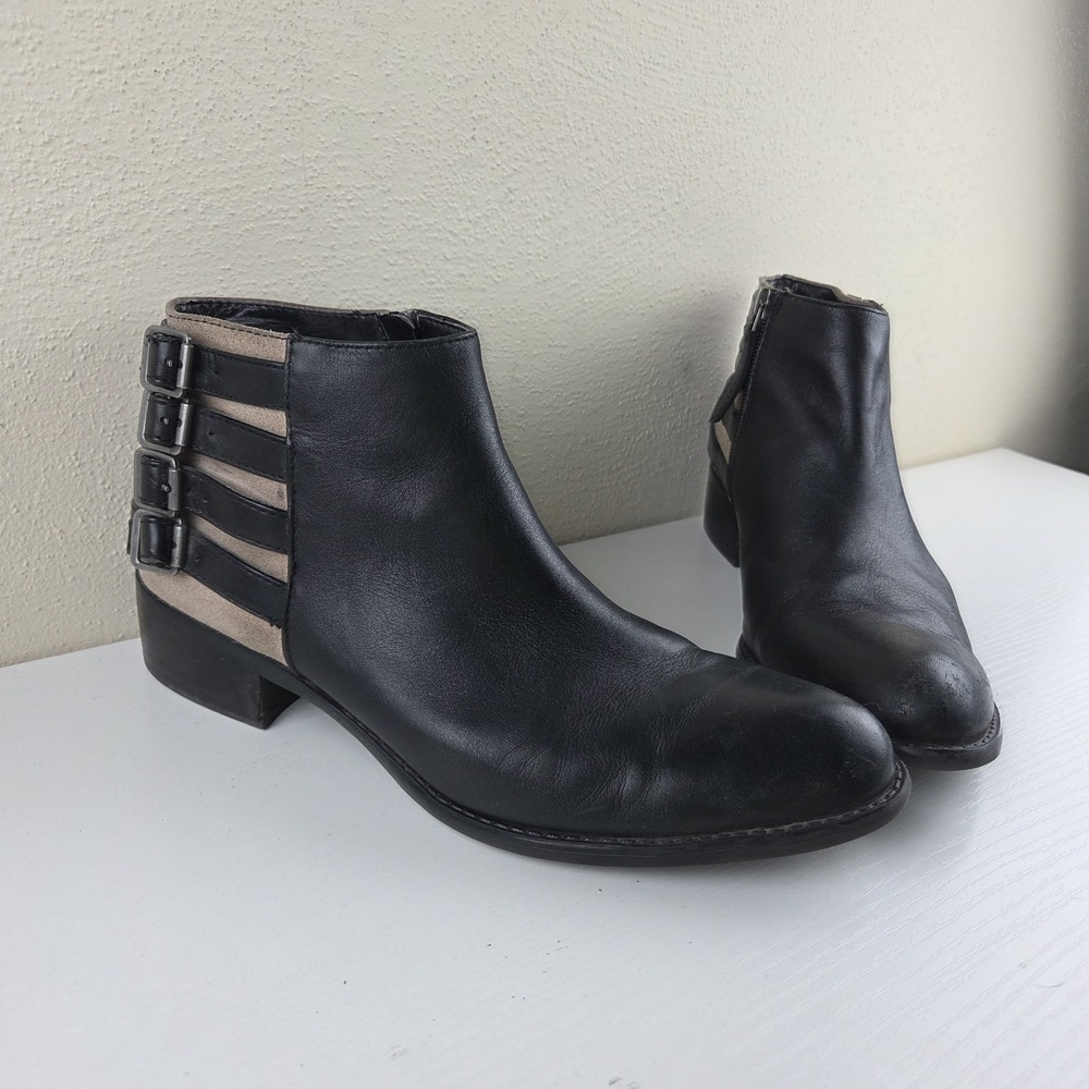 Franco Sarto Cyan Black Leather Ankle Zip Booties Block Heel Women's Size 9 M - Picture 2 of 11